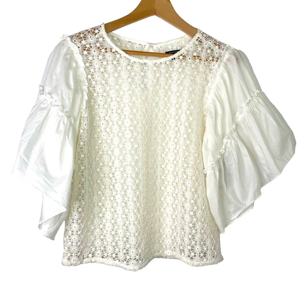 Stella & Dot White Lace Top Short Sleeve Puffy Sleeves